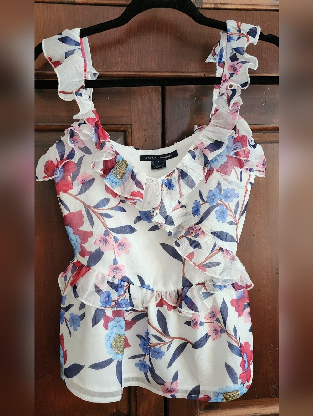 French Connection Floral Ruffle Top - White with Blue & Pink Flowers